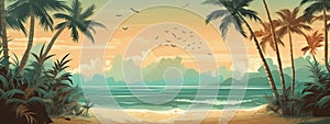 Beach background with coral, seashells and palm trees. Spectacular pastel color backdrops. Concept Banner for web. Generative AI