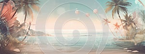 Beach background with coral, seashells and palm trees. Spectacular pastel color backdrops. Concept Banner for web. Generative AI