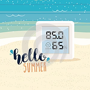 Beach background with a digital weather thermometer