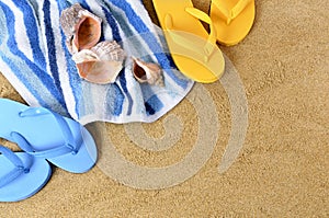 Summer beach border background flip flops copy space