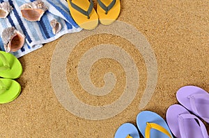Beach background frame flip flops copy space