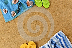 Summer beach background frame flip flops copy space