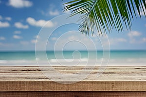 Beach background with palm tree and empty wooden, Summer.