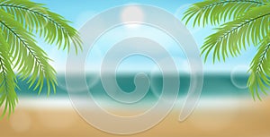 Beach background with palm tree leaves and sea