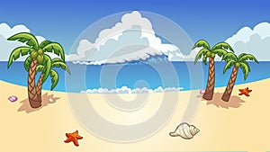 Beach background with palm trees, wave and seashells