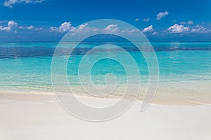 Sea sand sky concept. Beach shore, coast idyllic summer background. Tranquil landscape, sunny waves