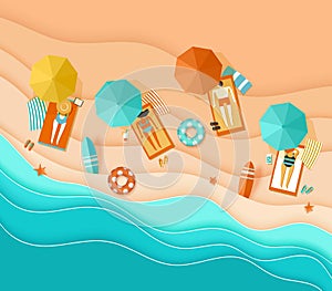 Beach background sea waves sand sunbathing people umbrella papercut paper craft