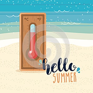 Beach background with a weather thermometer
