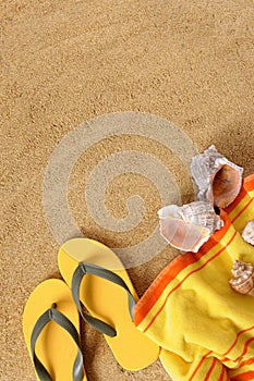 Summer beach background yellow towel copy space vertical