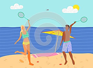 Beach Badminton Summer Sport Game, Man and Woman