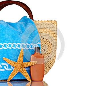 Beach Bag, Blue Towel, Sunscreen,