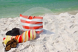 Beach Bag Hat Towel Sandals Closeup