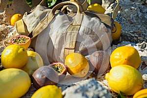 beach bag on a rock, lemons and passion fruits around it in the sun