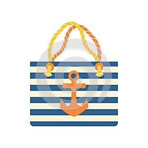 Beach bag in a stripe with an anchor. Beach set for summer trips. Vacation accessories for sea vacations