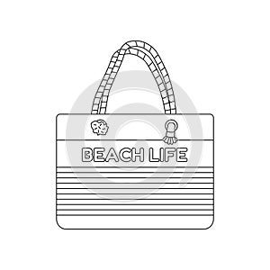 Beach bag in a stripe. Beach set for summer trips. Vacation accessories for sea vacations. Line art