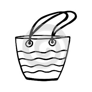 Beach bag in stripes vector hand-drawn . Black outline drawing isolated on white background, summer beach