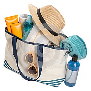 Beach Bag with Summer Essentials isolated on white background