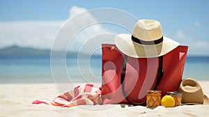 Beach Bag and Supplies for Day at the Beach on Shore with Deserted Beach in Background - Sun Hat, Flip Flops, Towel, Sunscreen