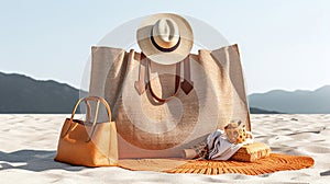 Beach bag and towel with sunbathing accessories on white background. Generative Ai