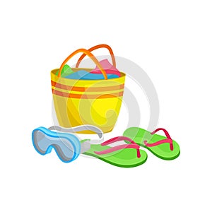 Beach bag with towels, goggles for underwater swimming and slippers. Flat vector items for summer vacation. Travel and