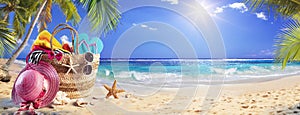 Beach Bag On Tropical Sand With Palm tree