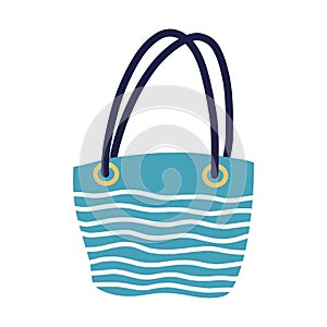 Beach bag vector icon. Summer accessory with golden buckles. Blue case with wavy stripe. Flat cartoon style, hand drawn