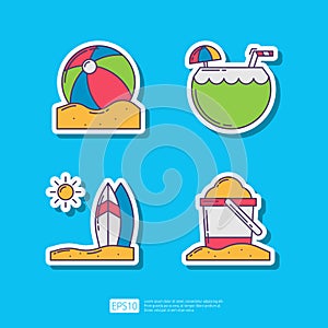 Beach Ball, Coconut Drink, Surfboard at Beach, Sand Bucket. Summer Vacation Sticker Icon Vector Illustration set