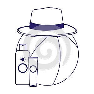 Beach ball with hat and sunblocks bottles, flat design photo