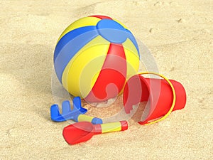 Beach ball and kids sand toys, bucket, shovel and rake in sand 3d rendering