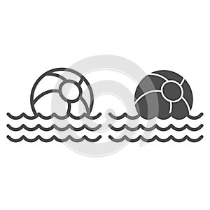 Beach ball on waves line and solid icon, summer concept, toy ball floating on water sign on white background, Beachball