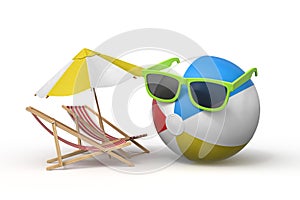 Beach ball wearing sunglasses next to a deck chair