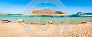 Beach Balos and Gramvousa Island in summer, Panorama of the Greek island, A holiday destination