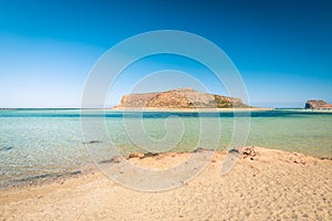 Beach Balos and Gramvousa Island in summer, Panorama of the Greek island, A holiday destination