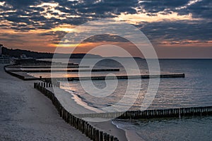 Beach of Baltic sea in Svetlogorsk at sunset. Kaliningrad region. Russia