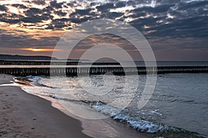 Beach of Baltic sea in Svetlogorsk at sunset. Kaliningrad region. Russia