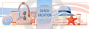 Beach banner with accessories for relaxing by the sea. Beach bag, sunscreen, glasses, towel, shells. Webbaner, poster