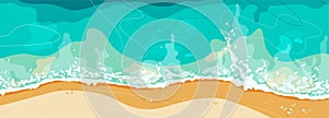 Beach banner with yellow sand and blue sea. Top view on shore coast with water wave, white foam. Summer seascape from