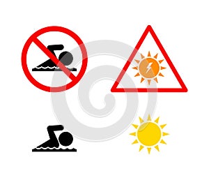 Beach banners, summer season warning signs, swimming prohibition and permission, sunstroke photo