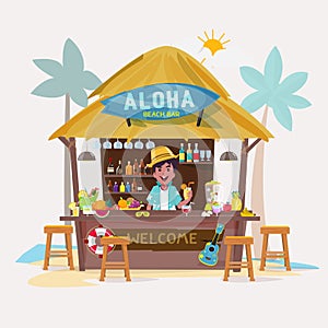Beach bar with bartender character. cafe-bar bungalows