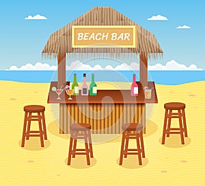 Beach bar with cocktails and drinks. Concept of summer vacation. Cartoon style.