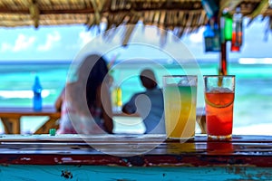 Beach Bar Counter with Color Drinks, Happy Couple Ordering Two Cocktails, Generative AI Illustration