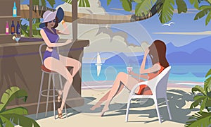 Beach bar, girls in the lounge bar, vector.