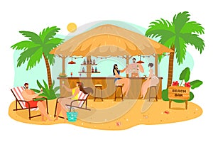 Beach bar, people at vacation drink cocktail at summer nature sand vector illustration. Cartoon tourism travel at flat