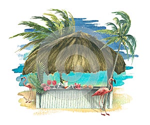 A beach bar with a roof of dry branches, with palm trees, pink flamingos and a watercolor background. An illustration