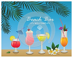 Beach bar. Set of alcohol drinks and cocktails.