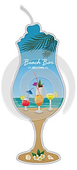 Beach bar. Set of alcohol drinks and cocktails