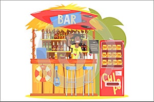 Beach Bar In Tropical Style Design With Smiling Resta Barman