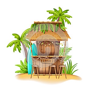 Beach bar tropical tiki restaurant, vector summer Hawaii terrace hut, palm tree, seashore sand chair.