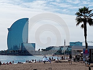 Beach of Barcellona in Spain with Palm and moderni Building