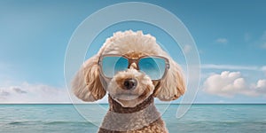 Beach Barks Cute Poodle Dog with Funny Expression in Sunglasses Strikes a Pose. Generative AI